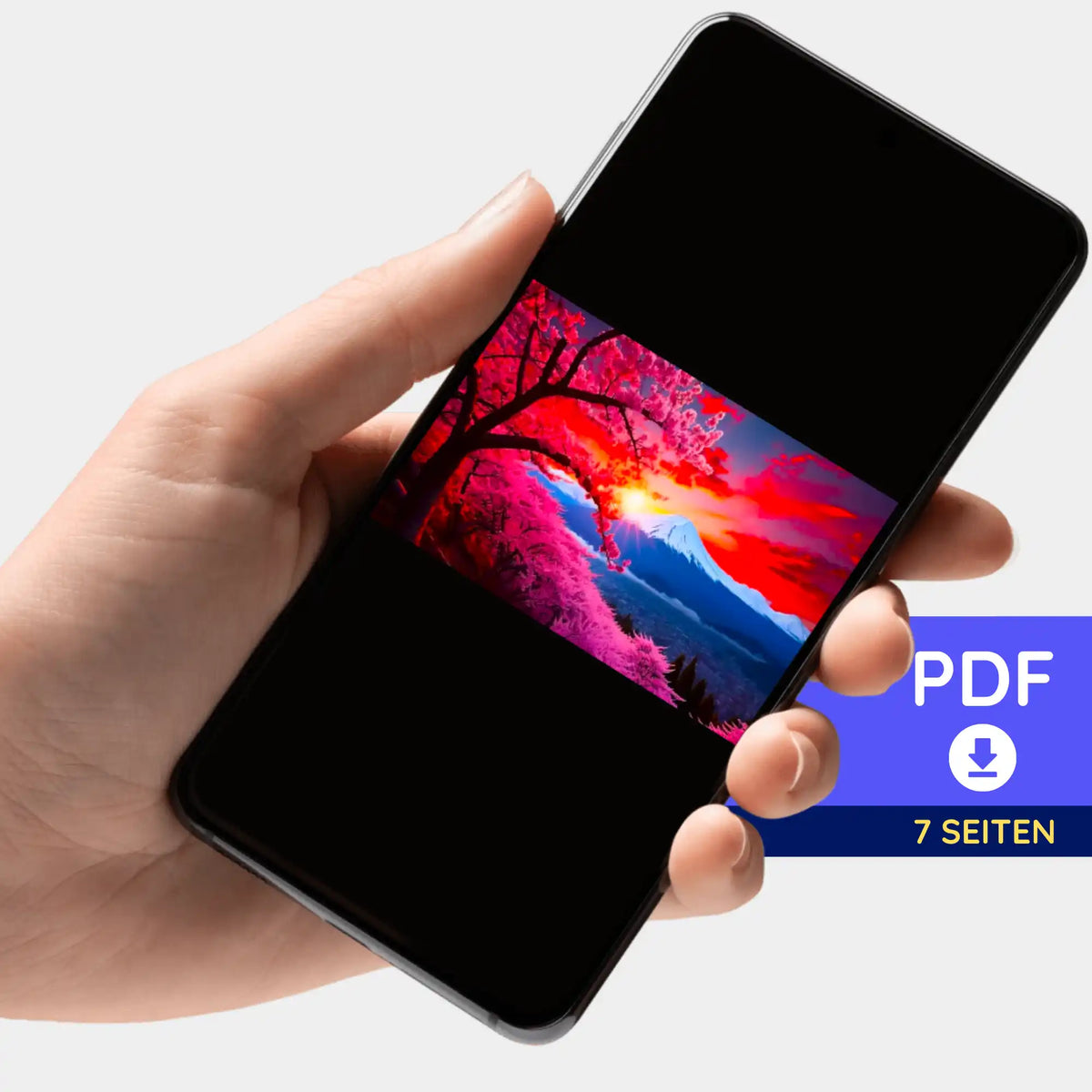 Digitale PDF-Bildmappe zum Diamond Painting Motiv Berg der Kirschblüten auf dem Smartphone zum Download