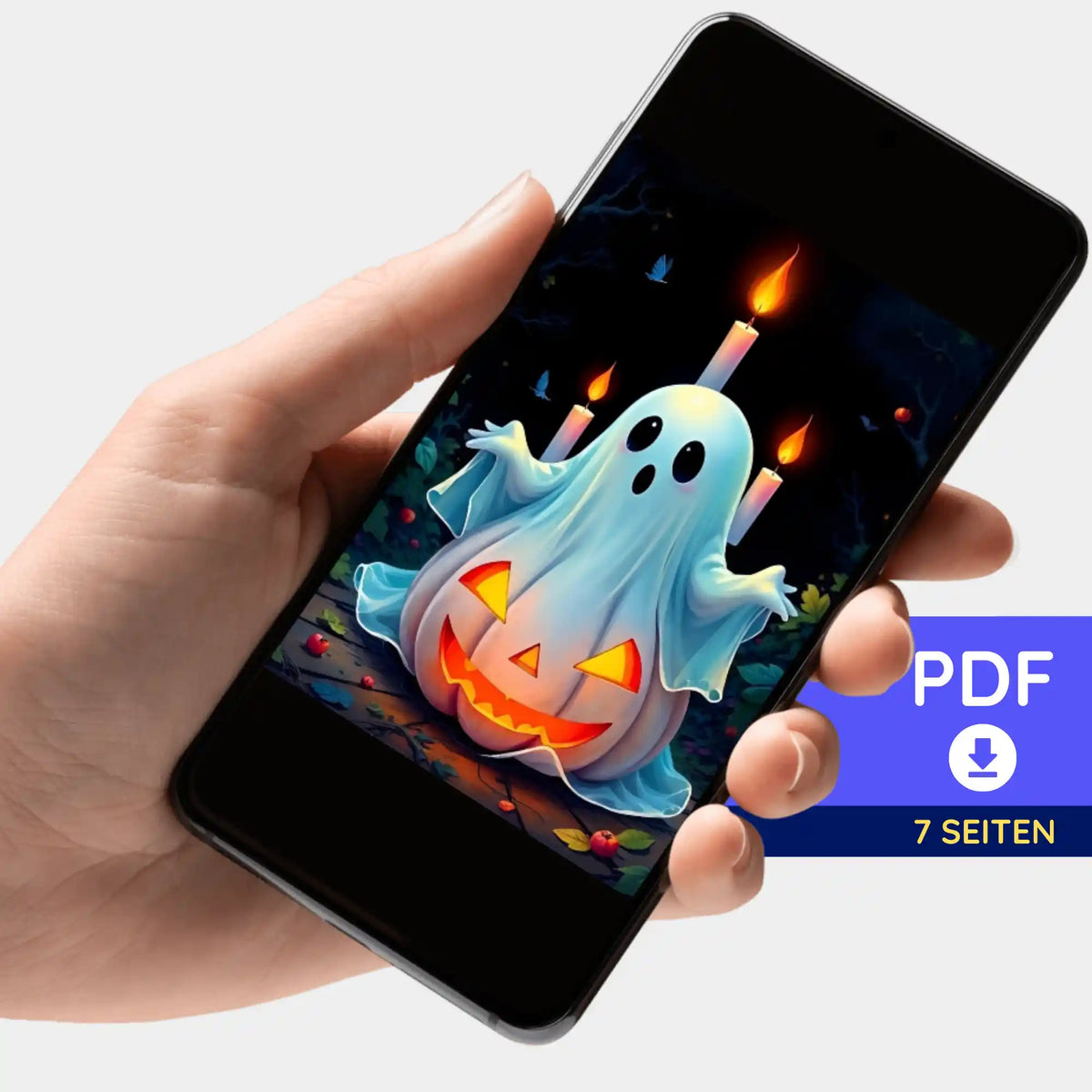 Digitale PDF-Bildmappe mit Halloween-Geist und Kürbis-Motiv zum Diamond Painting oder Malen nach Zahlen Download