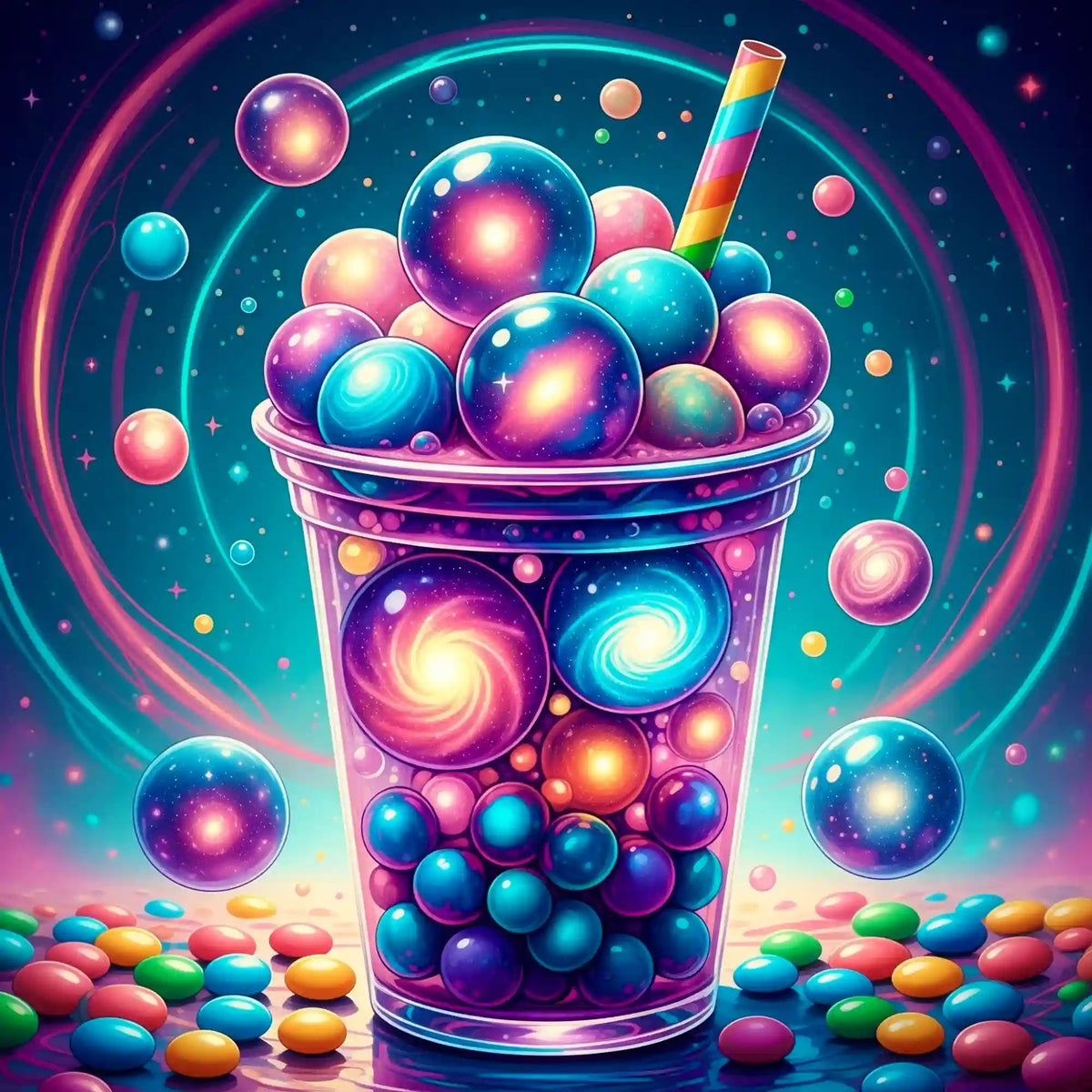 Diamond Painting Set Bubble Tea Universum mit bunten Planeten-Perlen in leuchtenden Neonfarben und Galaxy-Design