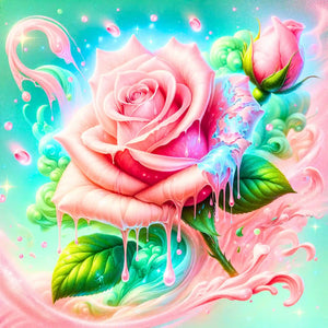 Diamond Painting Candy Rose mit pinker digitaler Rosenblüte in Pastellfarben und grünen Blättern für kreative Bastelsets.