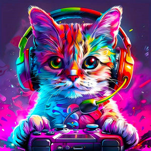 Diamond Painting Set bunte Gamer Katze mit Kopfhörer und Controller in leuchtenden Farben als DIY-Kunstwerk
