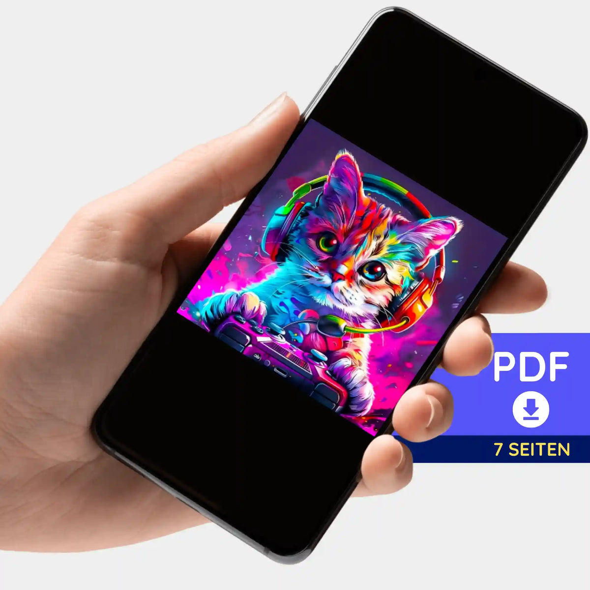 Digitale Gaming-Katze als PDF Bildmappe für Diamond Painting und Malen nach Zahlen Projekte auf Smartphone