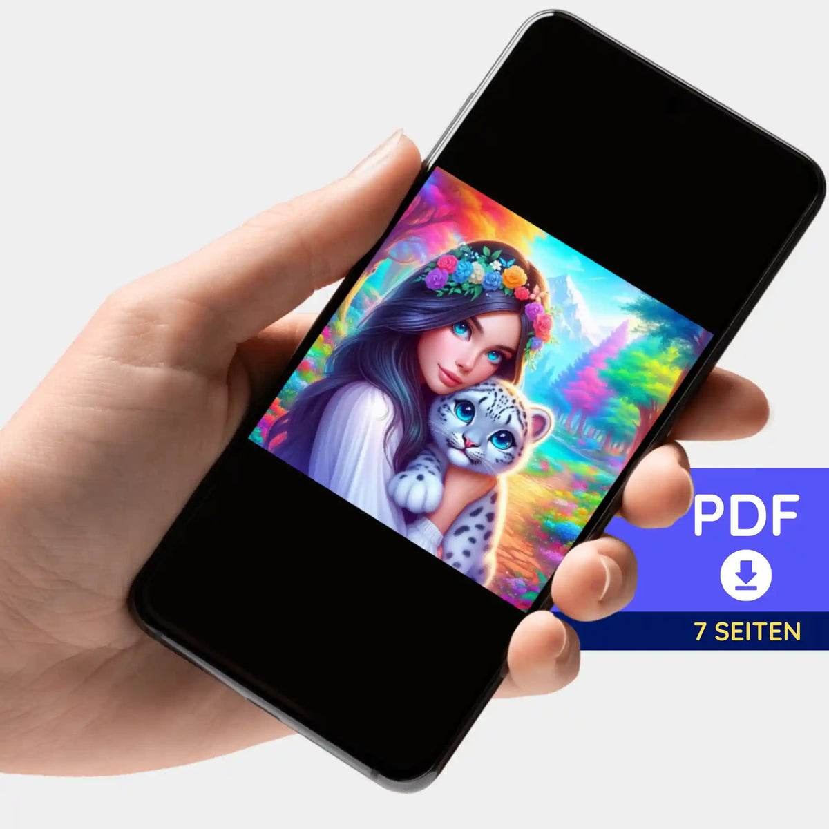 Digitale PDF Bildmappe für Diamond Painting oder Malen nach Zahlen mit Motiv Amira's Paradies auf einem Smartphone