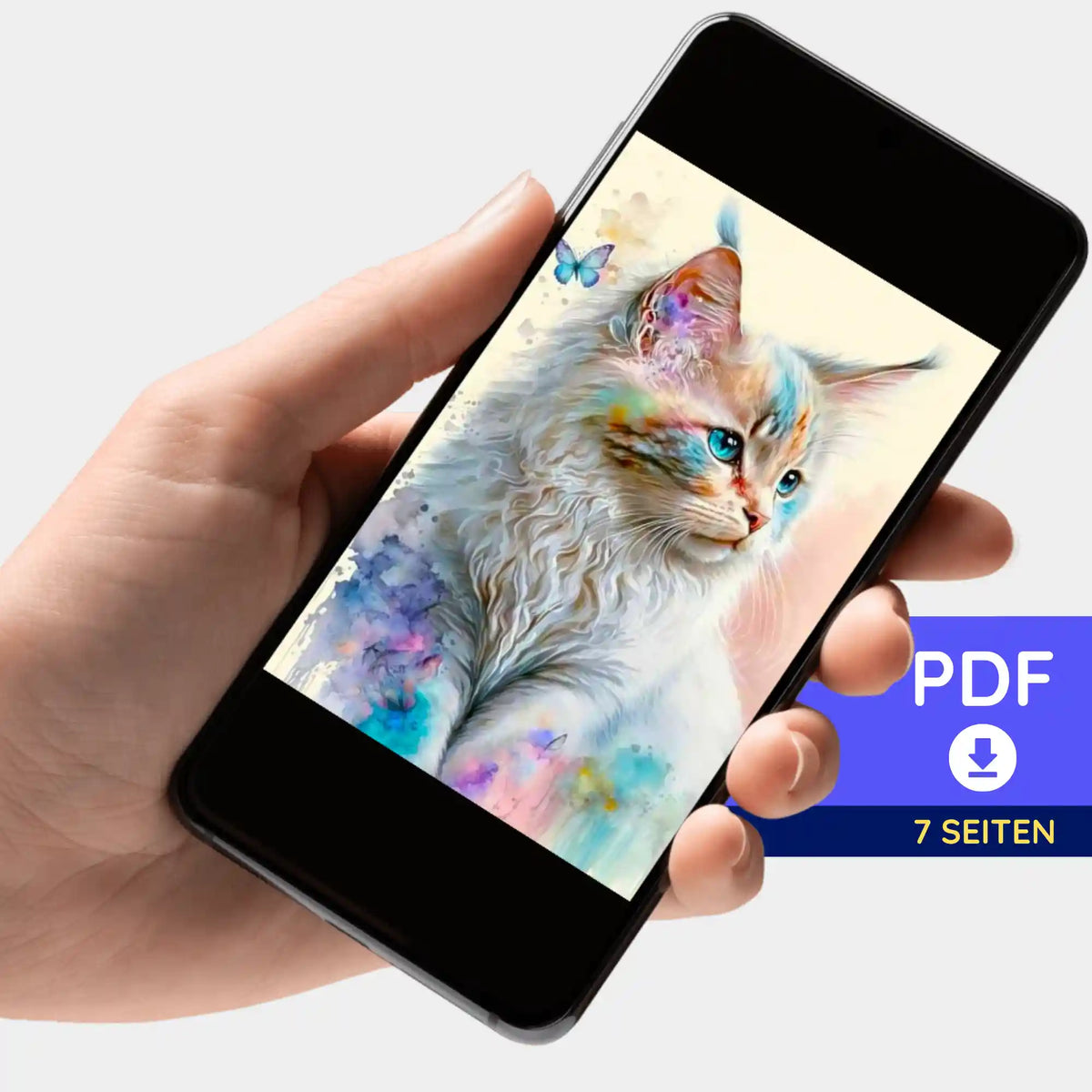 Smartphone mit digitaler PDF-Bildmappe für Diamond Painting oder Malen nach Zahlen mit süßem Katzen-Motiv in Aquarelloptik