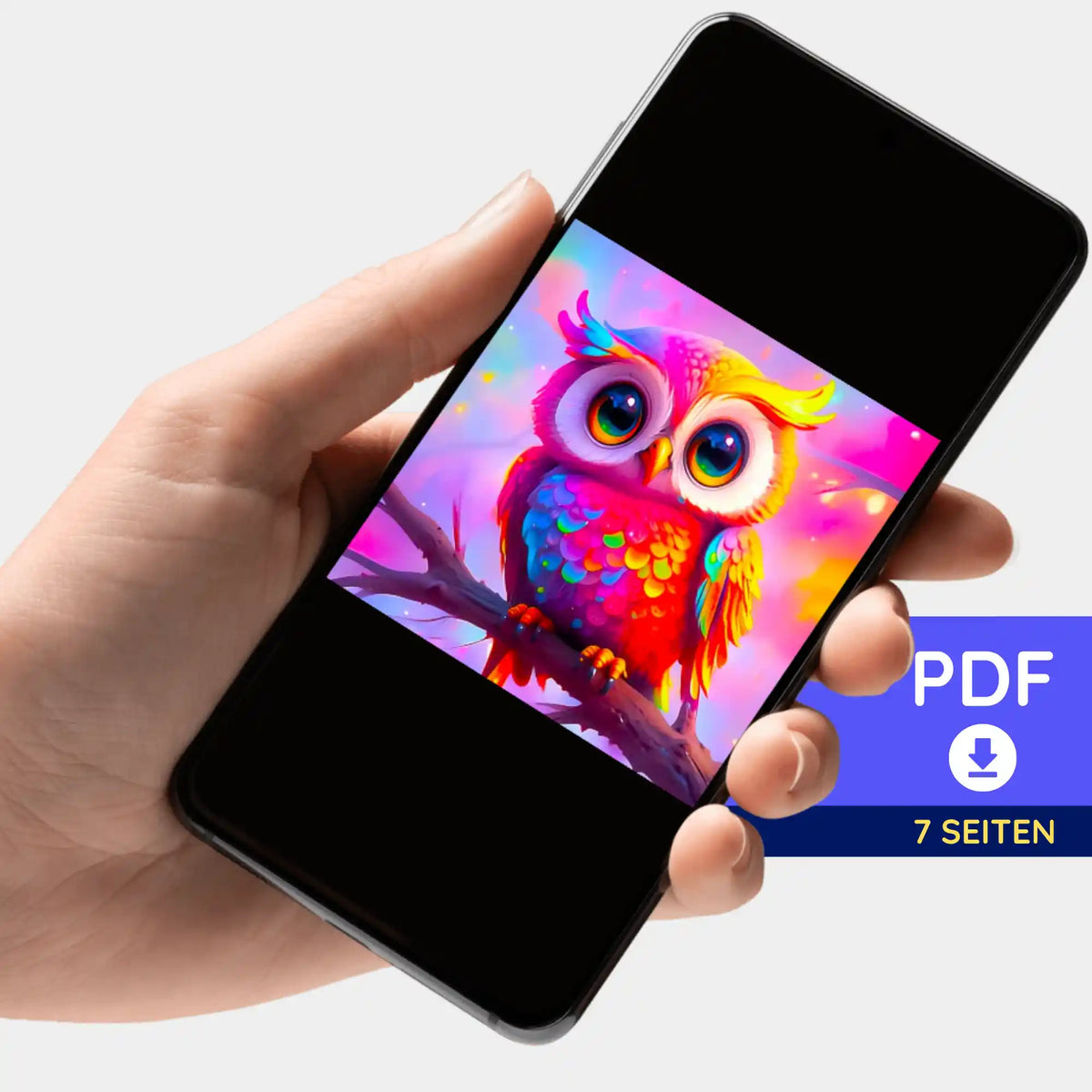 Digitale PDF-Bildmappe von einer bunten Eule als Vorlage für Diamond Painting und Malen nach Zahlen auf dem Smartphone