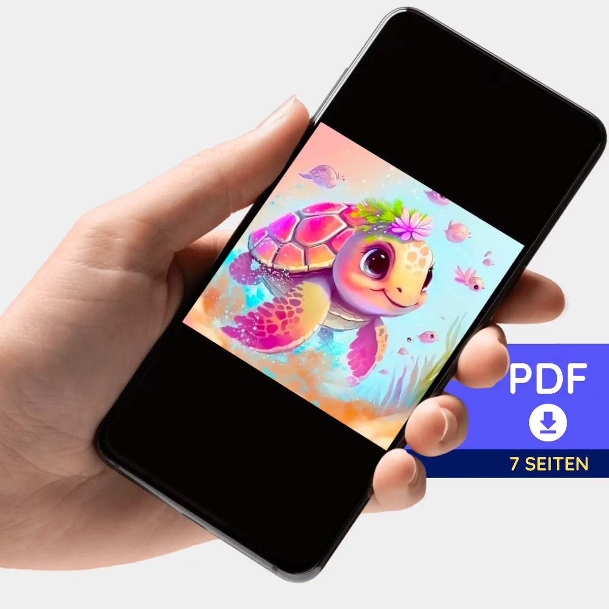 Smartphone mit digitaler PDF-Bildmappe für Diamond Painting oder Malen nach Zahlen: Buntes Schildkrötenmädchen Trudi Motiv