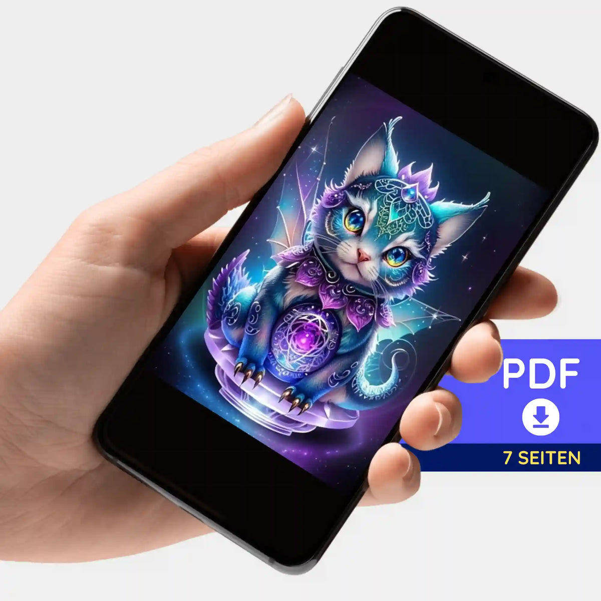 Digitale Diamond Painting Vorlage Mystical Kitty als PDF-Bildmappe auf einem Smartphone für kreative Bastelprojekte