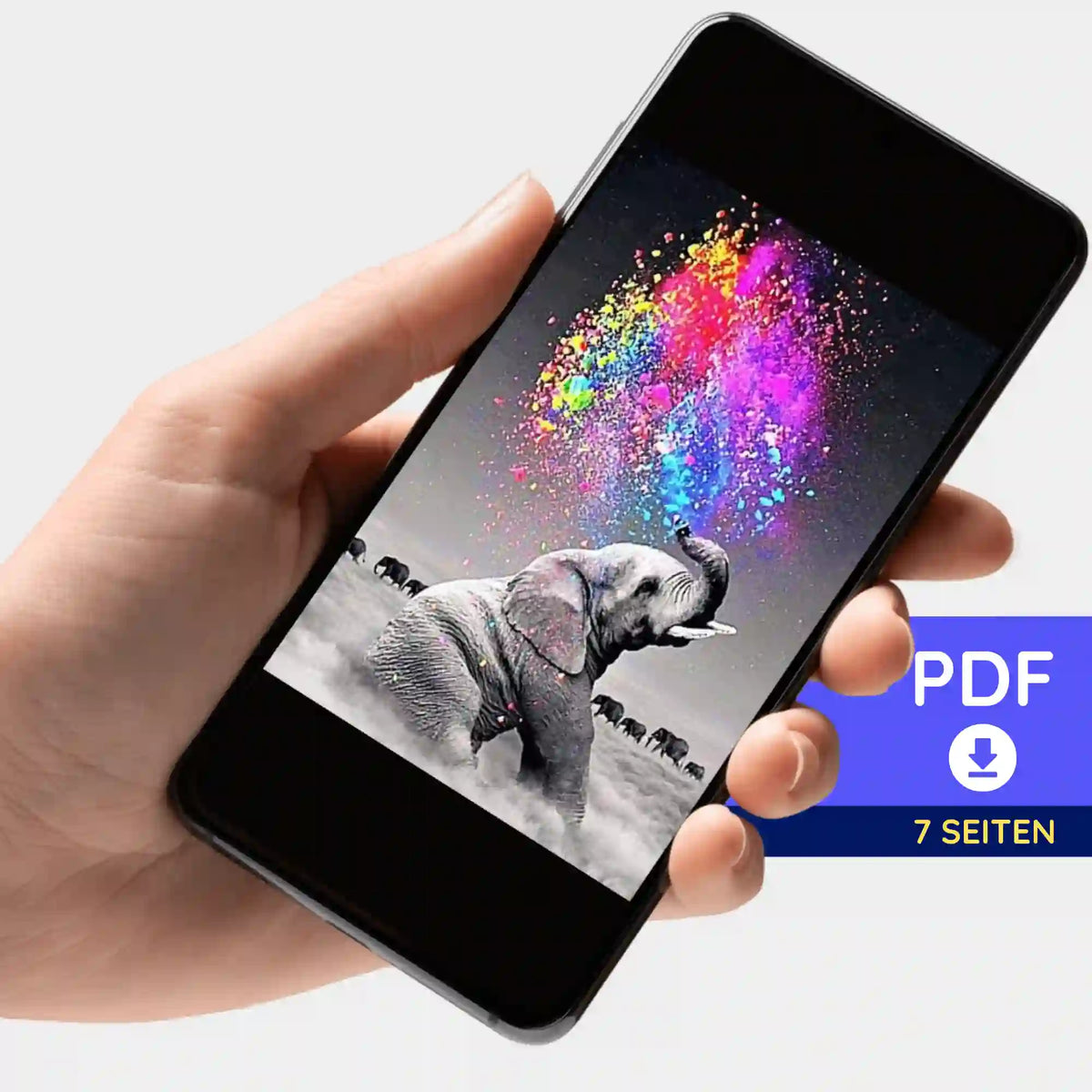 Smartphone mit digitaler 7-Seiten-PDF-Bildmappe für Diamond Painting Motiv Elefant Farbenspiel