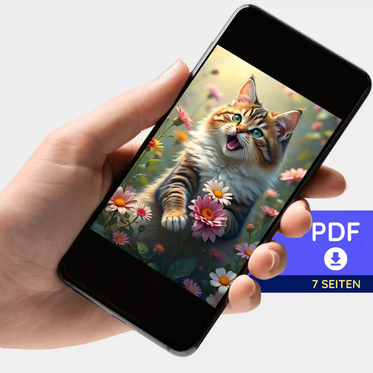 Digitale PDF-Bildmappe zur Diamond Painting Vorlage Lucy mit süßem Katzen-Motiv in Blumenwiese auf Smartphone
