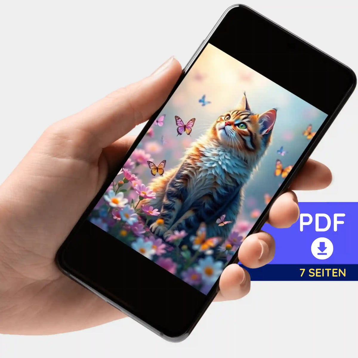 Digitale Bildmappe als PDF zum Diamond Painting: Katze mit Schmetterlingen in Blumenwiese als DIY-Vorlage auf Smartphone