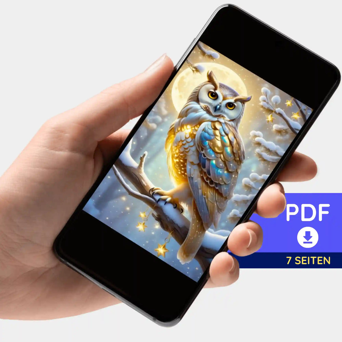 Digitale Picmondoo Bildmappe als PDF mit goldenem Schneeeule Motiv für Diamond Painting und Malen nach Zahlen Projekte