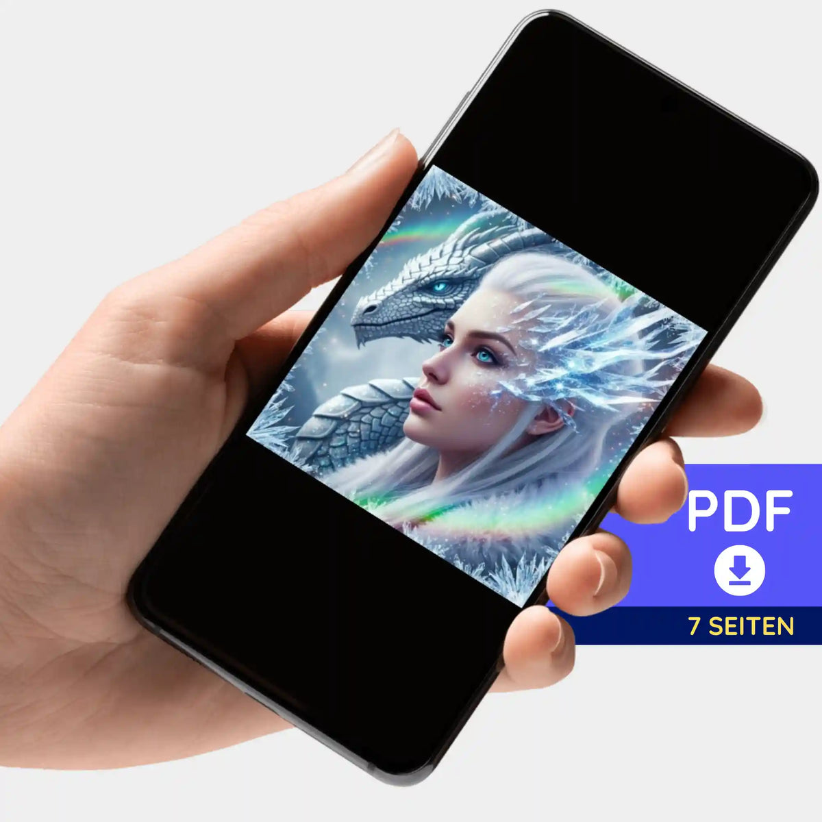 Digitale PDF-Bildmappe Dragon Queen für Diamond Painting und Malen nach Zahlen auf einem Smartphone präsentiert