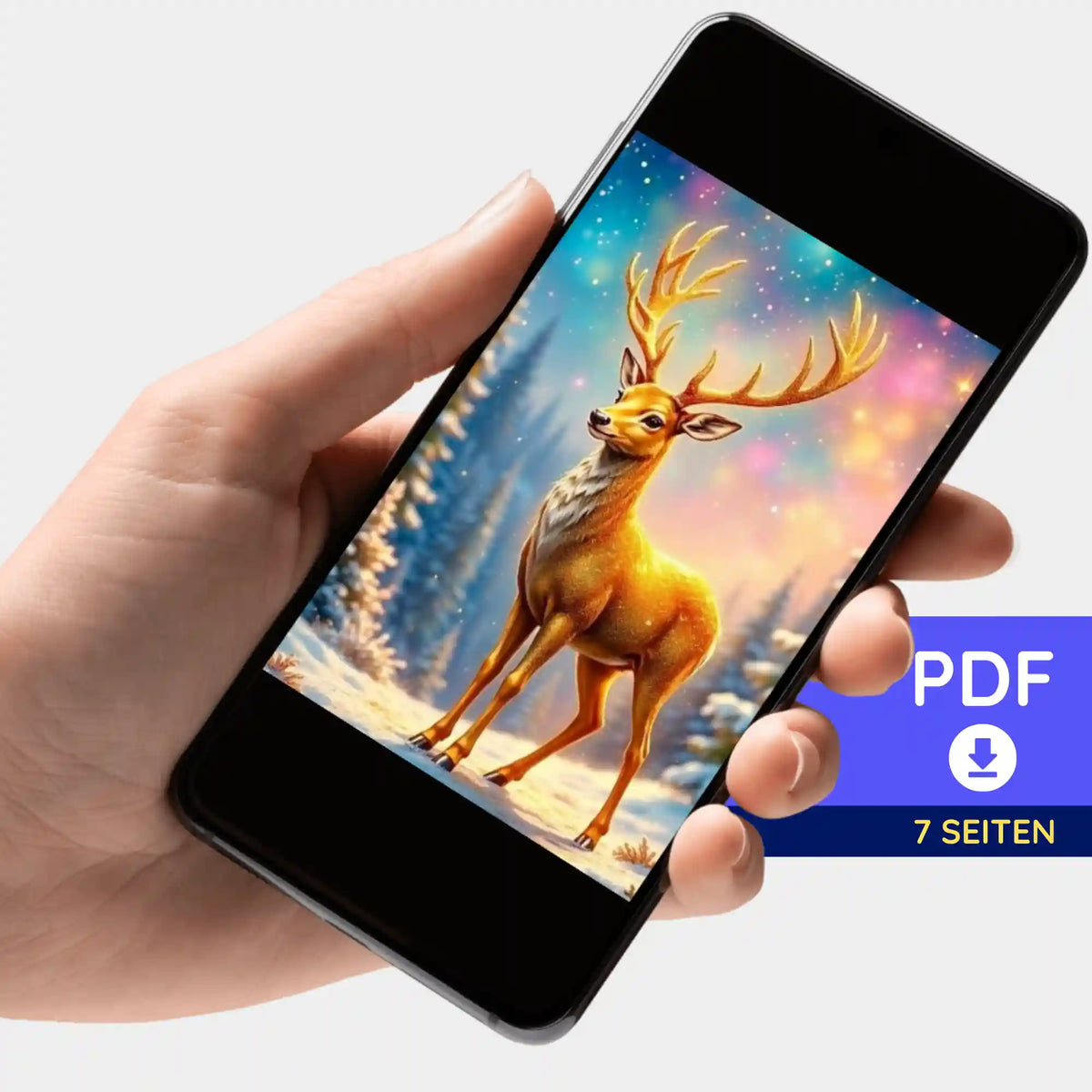 Digitale PDF-Bildmappe zum Diamond Painting Motiv Goldener Hirsch auf dem Smartphone für kreative Bastelprojekte