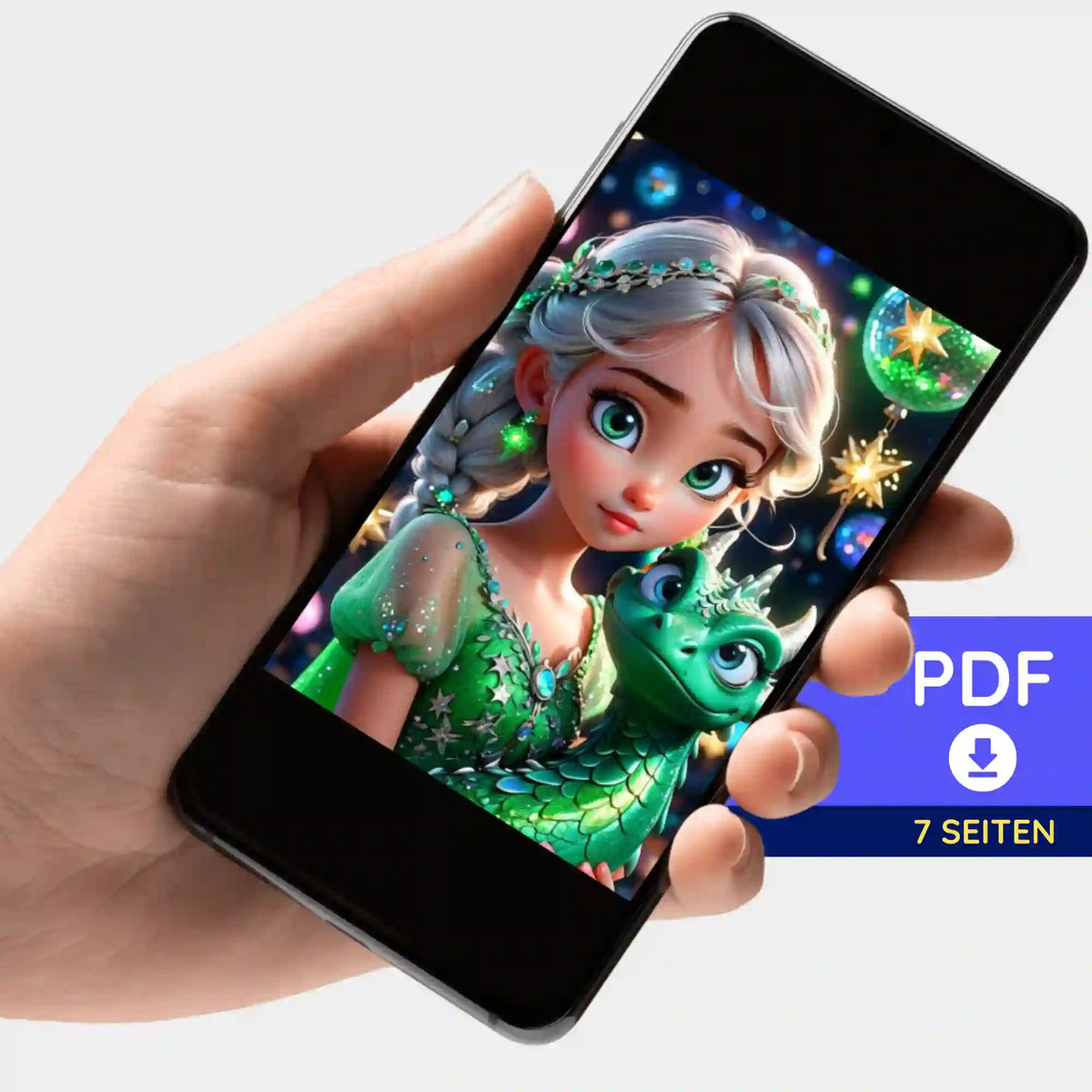 Digitale PDF-Bildmappe Dragon Girl für Diamond Painting auf Smartphone, ideal zum Ausdrucken für DIY-Bastelsets.