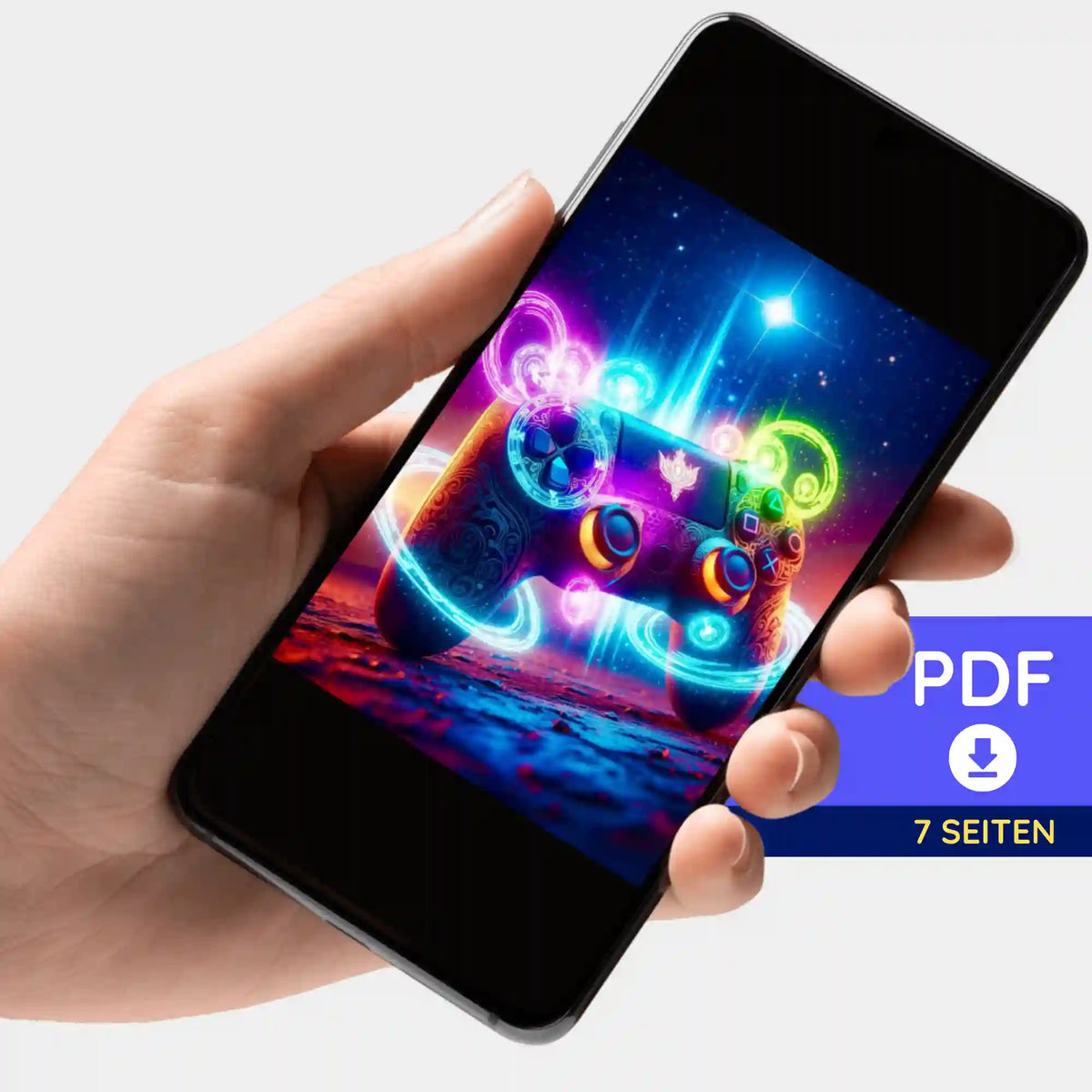 Digitale Picmondoo Bildmappe als PDF für Gamer Diamond Painting oder Malen nach Zahlen mit neonfarbenem Controller Motiv