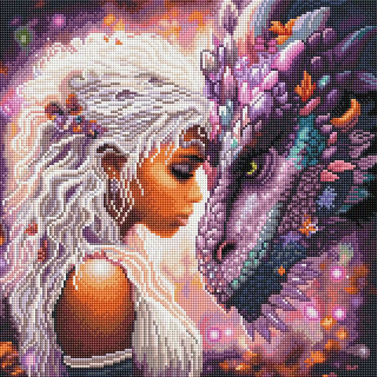 Diamond Painting Seelenbund mit einer blonden Frau und einem magischen Fantasy-Drachen in bunten Farben