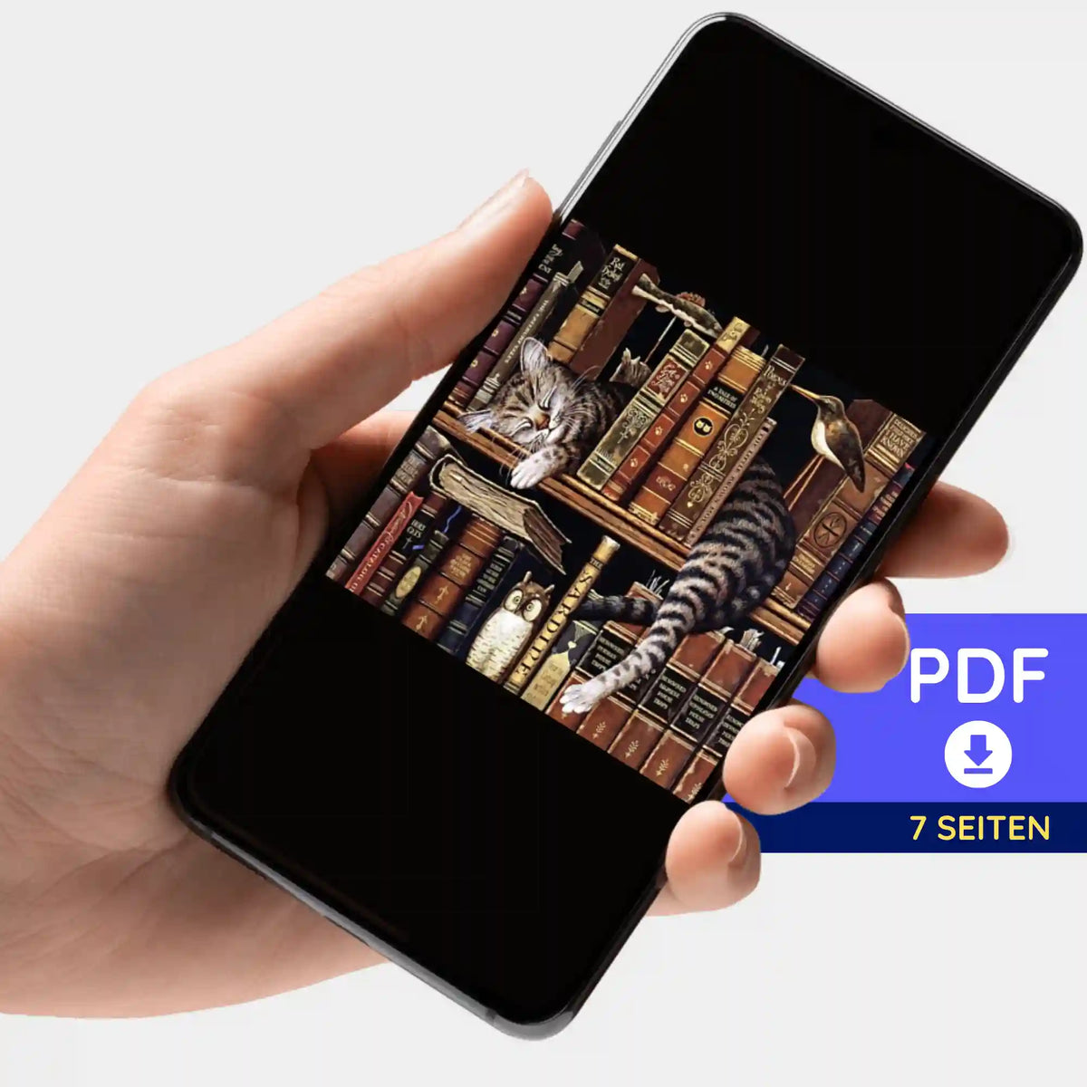 Digitale PDF-Bildmappe für Diamond Painting Motiv Chillout Cat mit schlafender Katze in Bücherregal auf Smartphone