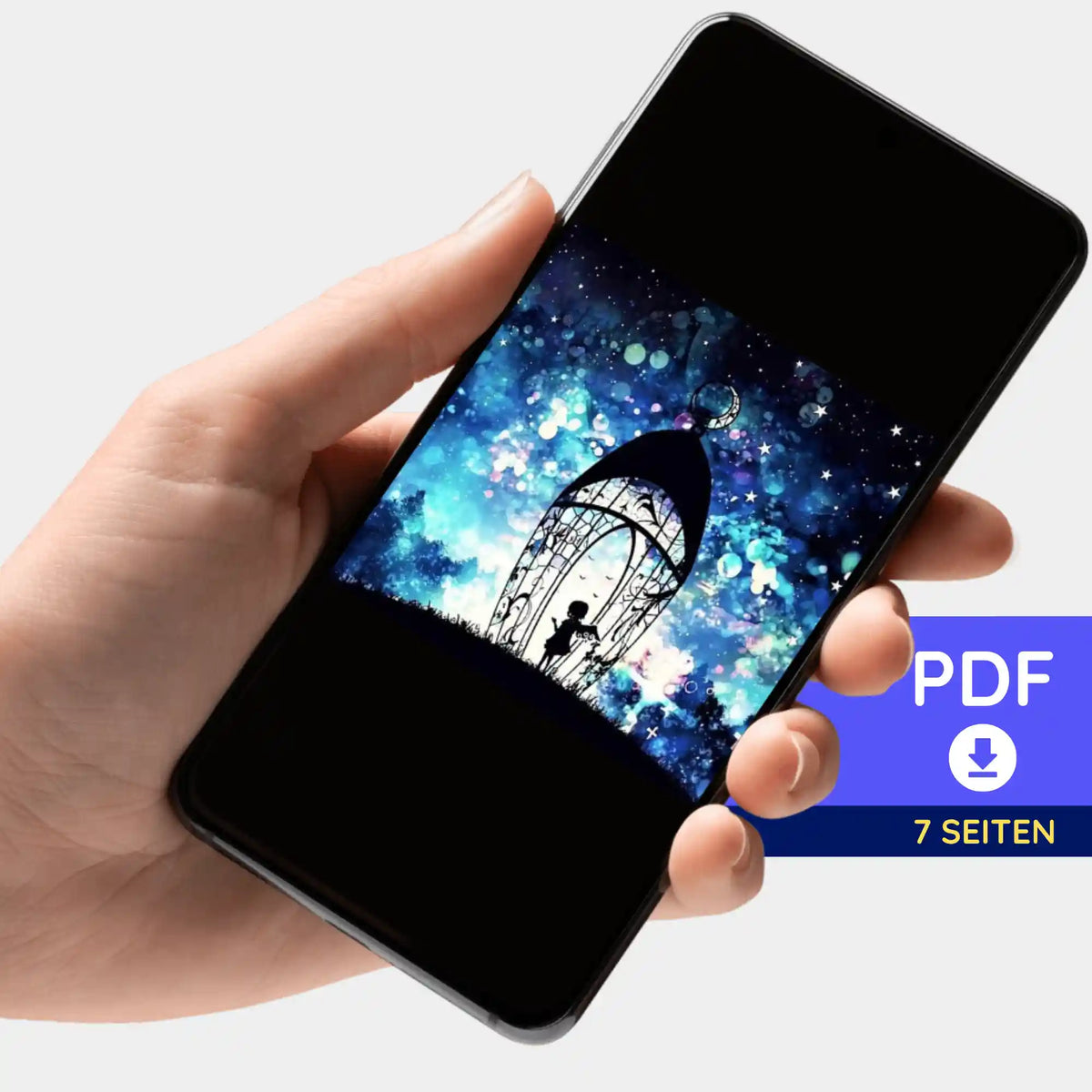 Digitale PDF-Bildmappe Engel der vielen Lichter als Ergänzung zum Diamond Painting Set auf einem Smartphone präsentiert.