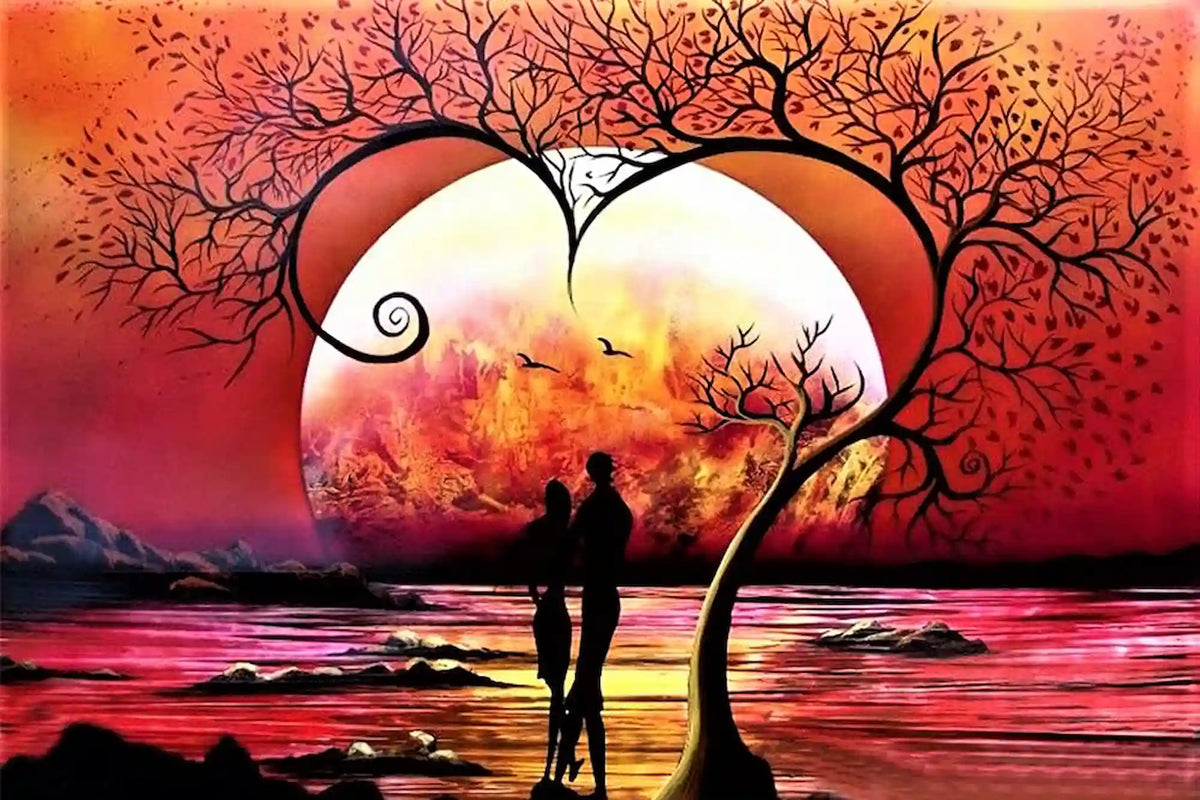Diamond Painting Baum der Liebe mit romantischem Liebespaar vor einem Sonnenuntergang am See