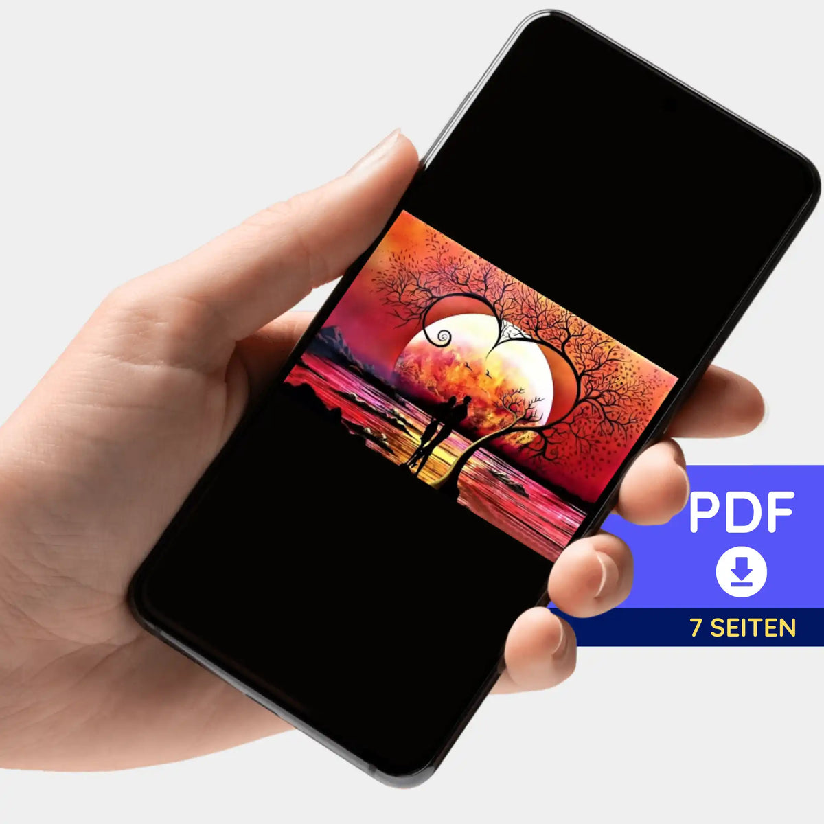 Digitale PDF-Bildmappe Baum der Liebe für Diamond Painting und Malen nach Zahlen auf Smartphone-Display