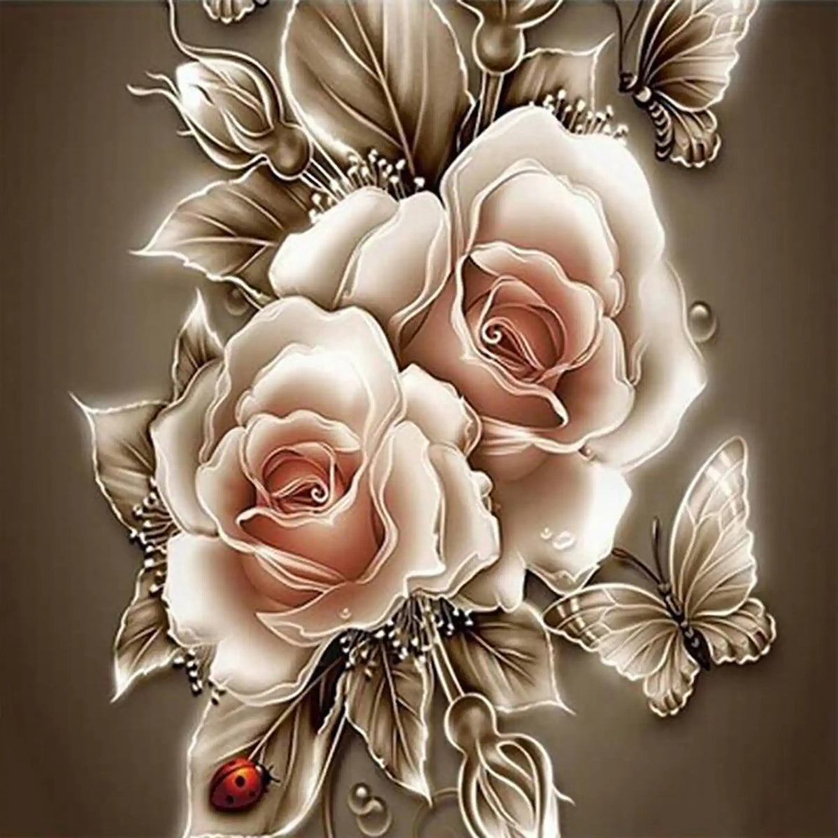 Diamond Painting Set Goldene Rosen mit Schmetterlingen und Marienkäfer auf einer quadratischen Leinwand