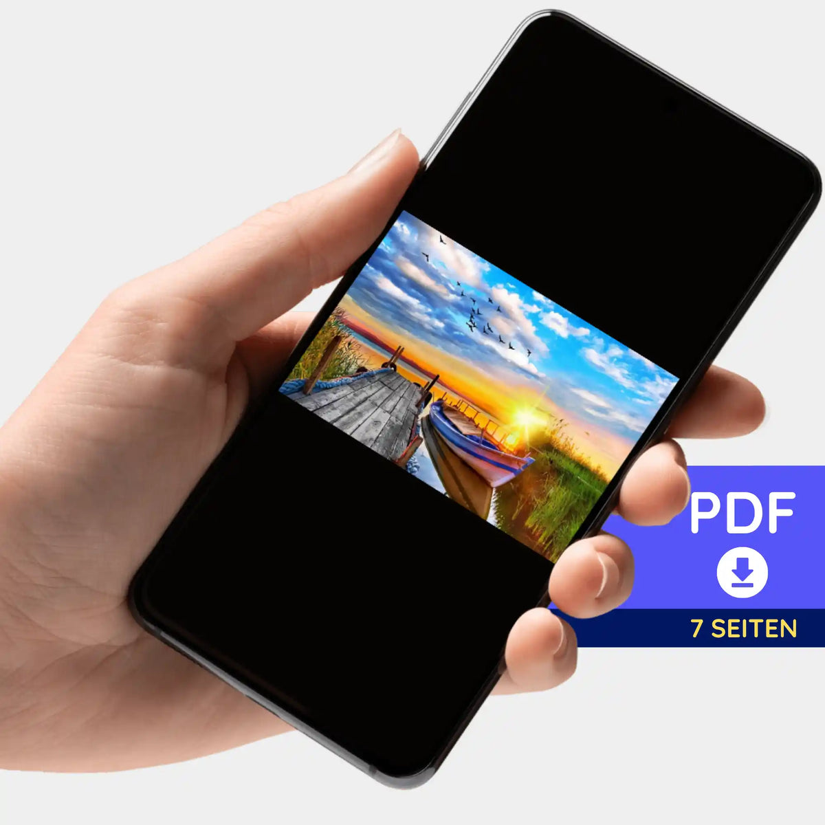 Digitale PDF-Bildmappe für Diamond Painting Motiv Sonniger Abend am See auf einem Smartphone angezeigt