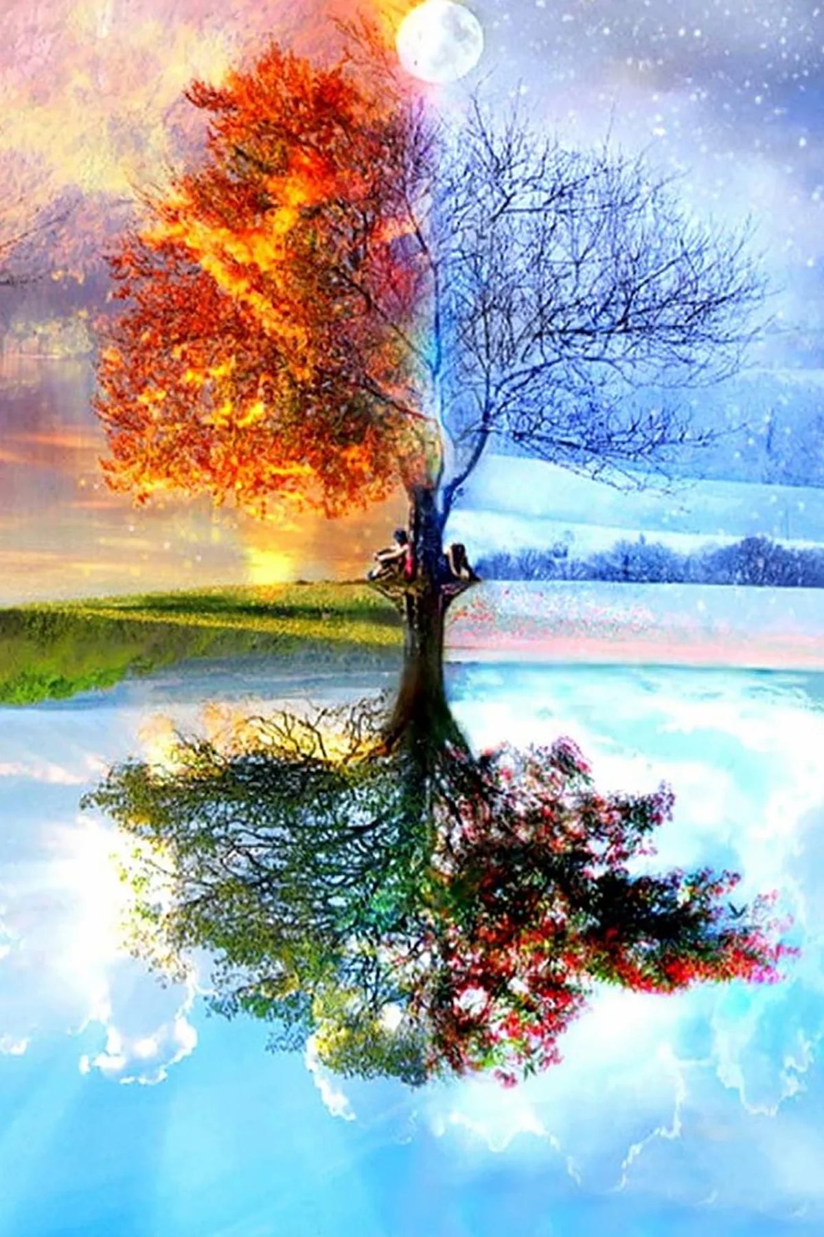 Diamond Painting Set Baum der 4 Jahreszeiten mit glitzernden Steinen als farbenfrohes Landschaftsmotiv