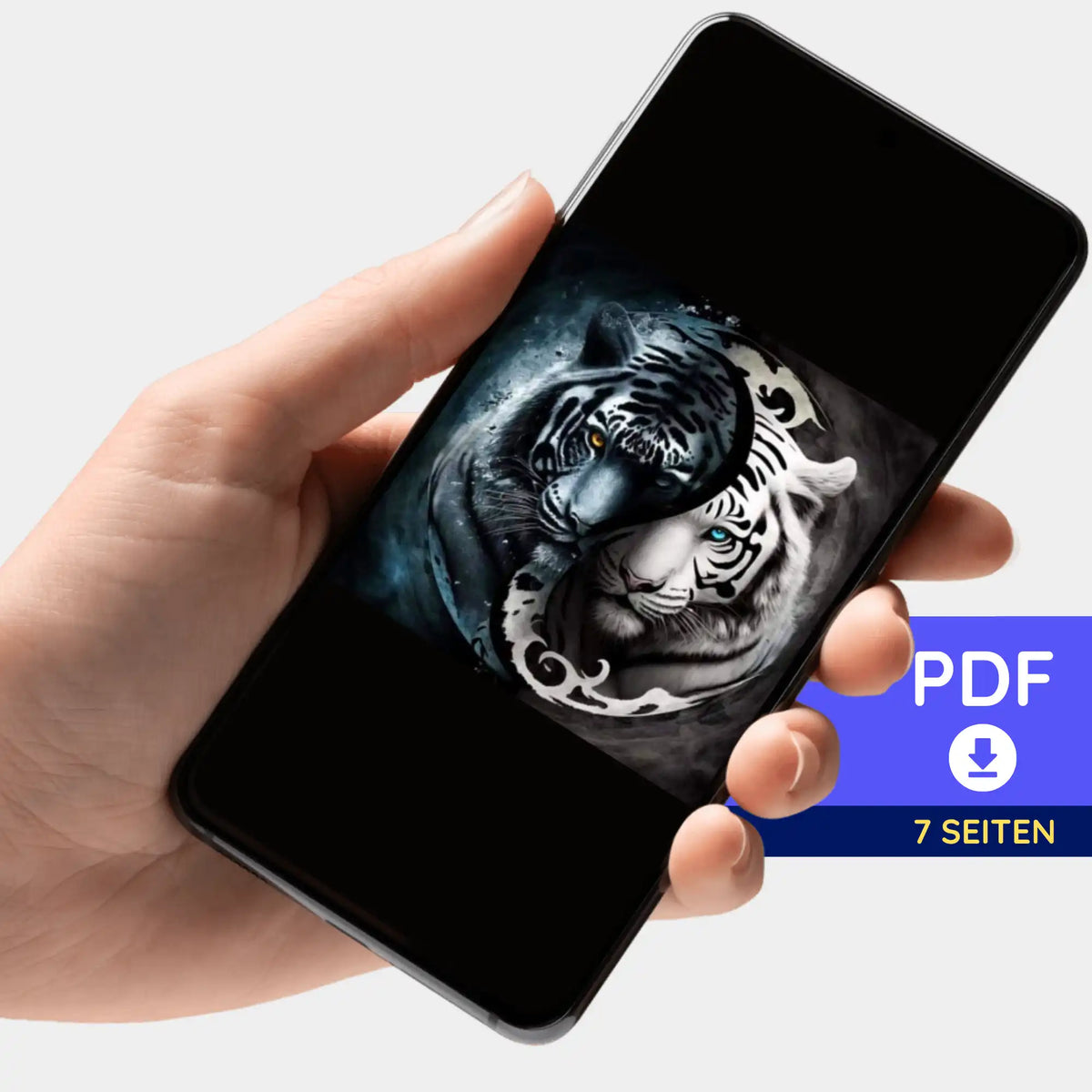 Digitale PDF-Bildmappe für Diamond Painting Motiv Tiger Ying und Yang mit 7 Seiten auf einem Smartphone betrachtet.