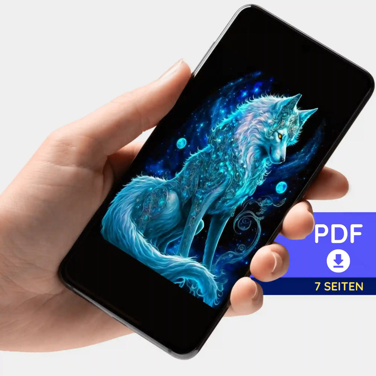 Digitale PDF-Bildmappe mit Wolf-Motiv für Diamond Painting und Malen nach Zahlen auf einem Smartphone präsentiert.