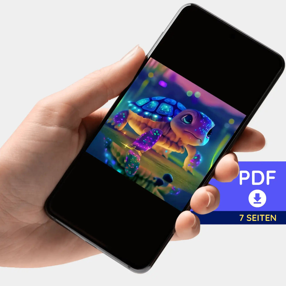 Digitale Diamond Painting PDF-Mappe mit Sparkling Turtle Motiv auf einem Smartphone zur Vorlage für Malen nach Zahlen