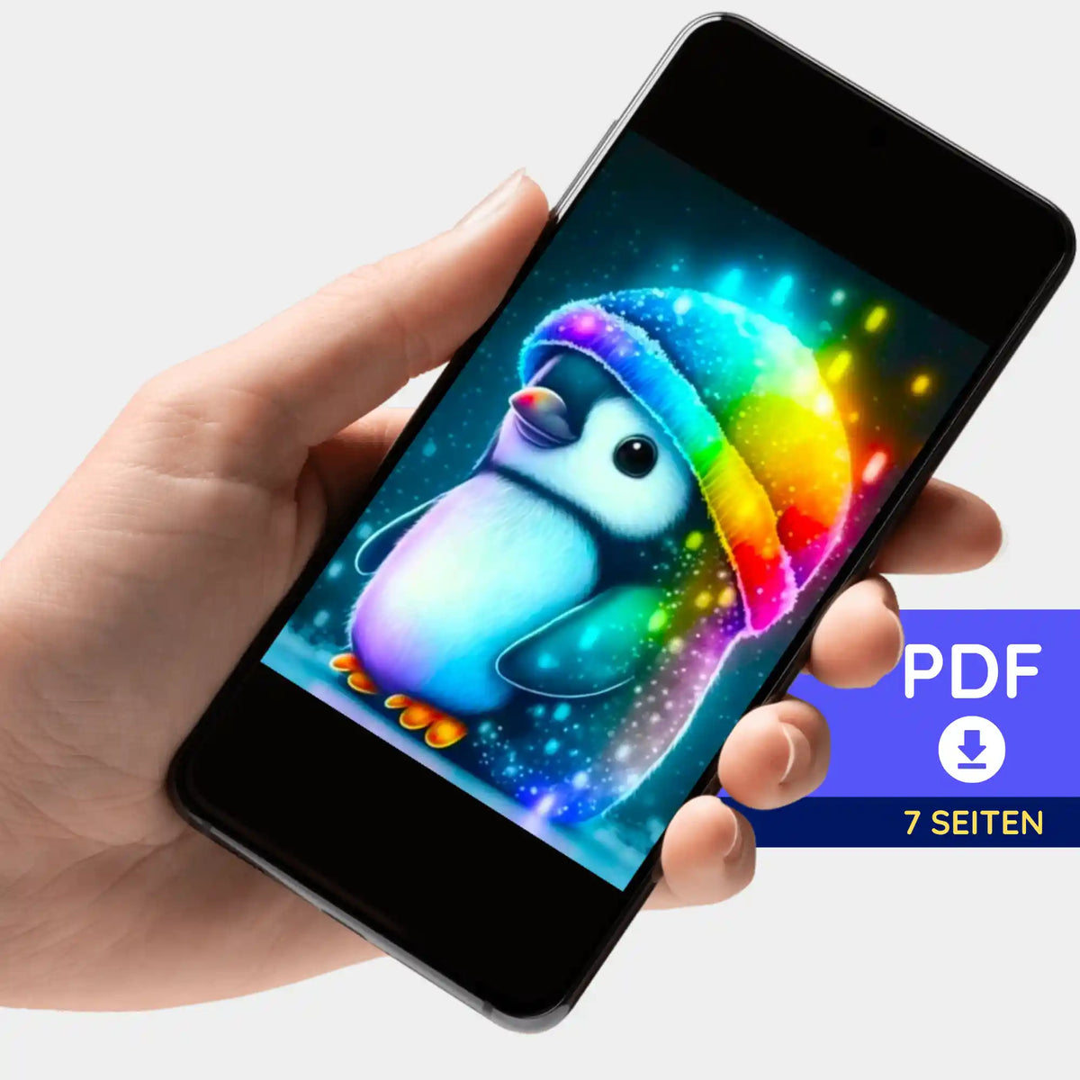 Digitale Diamond Painting Bildmappe als PDF mit buntem Pinguin-Motiv für kreative DIY-Bastelprojekte auf dem Smartphone