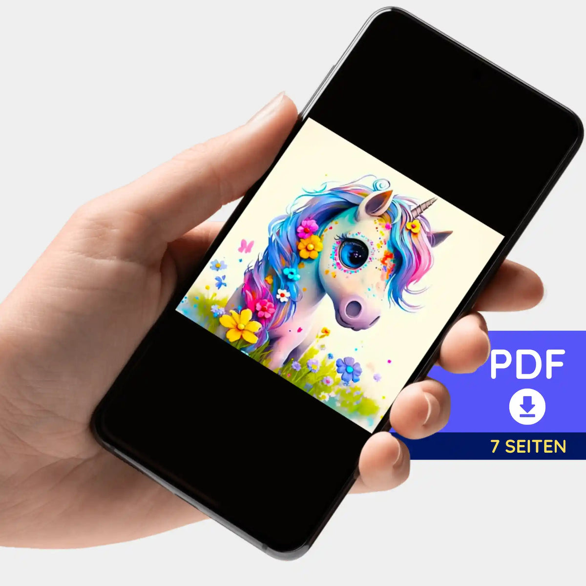 Digitale Diamond Painting Einhorn Bildmappe im PDF-Format auf einem Smartphone zur kreativen Vorlage