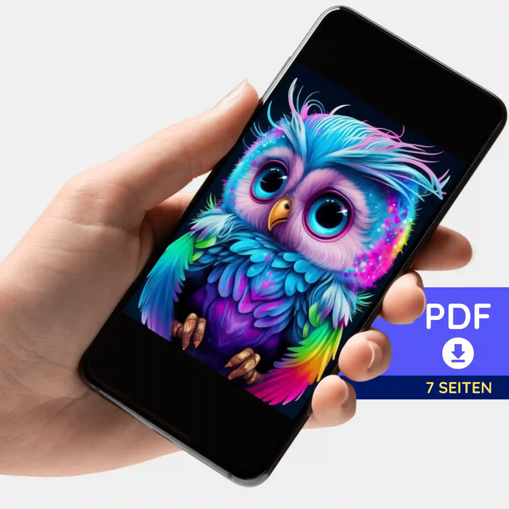 Portfolio numérique - Petite chouette colorée dans un tourbillon de couleurs