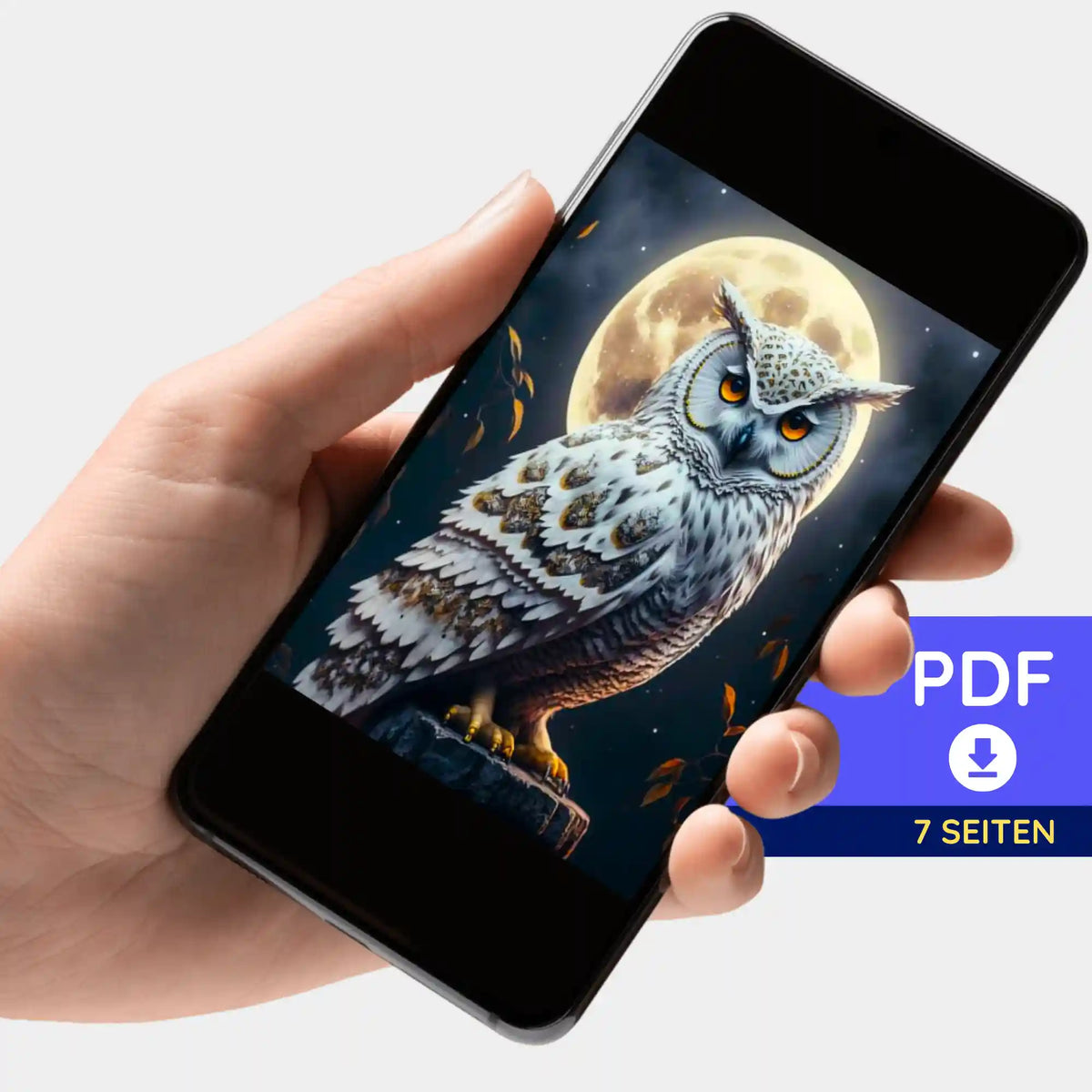 Digitale PDF-Bildmappe Eule im Mondschein für dein Diamond Painting Design auf einem Smartphone