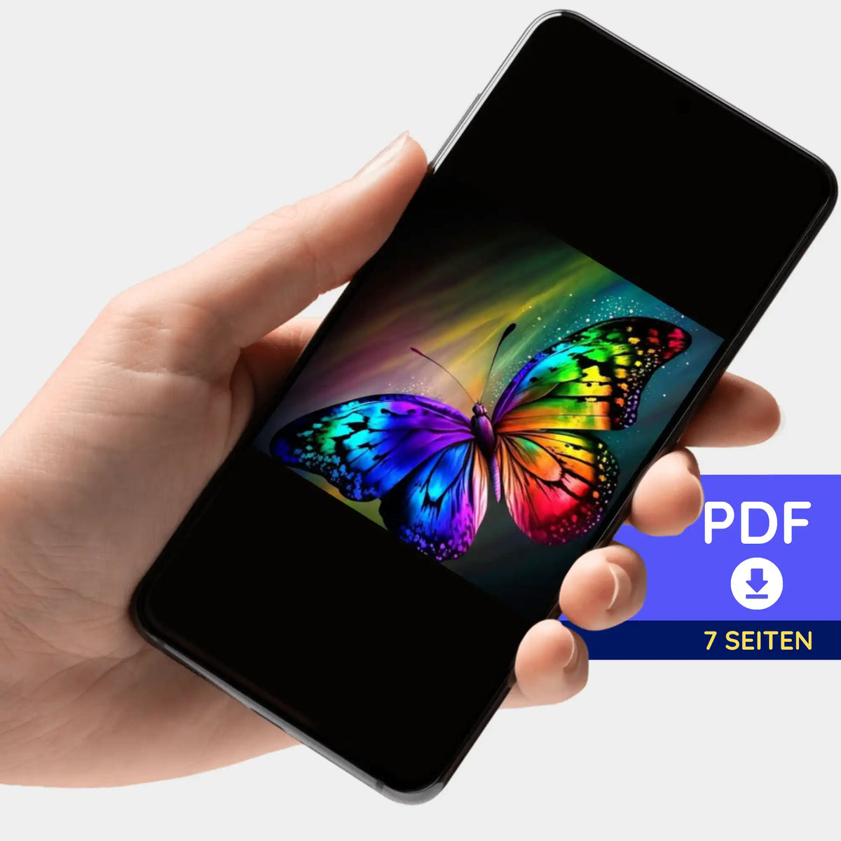 Digitale PDF-Bildmappe mit buntem Schmetterlingsmotiv für Diamond Painting und Malen nach Zahlen auf Smartphone