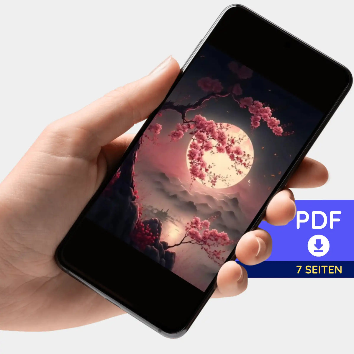 Digitale PDF-Bildmappe zur Diamond Painting Vorlage Kirschblüten im Mondschein auf einem Smartphone