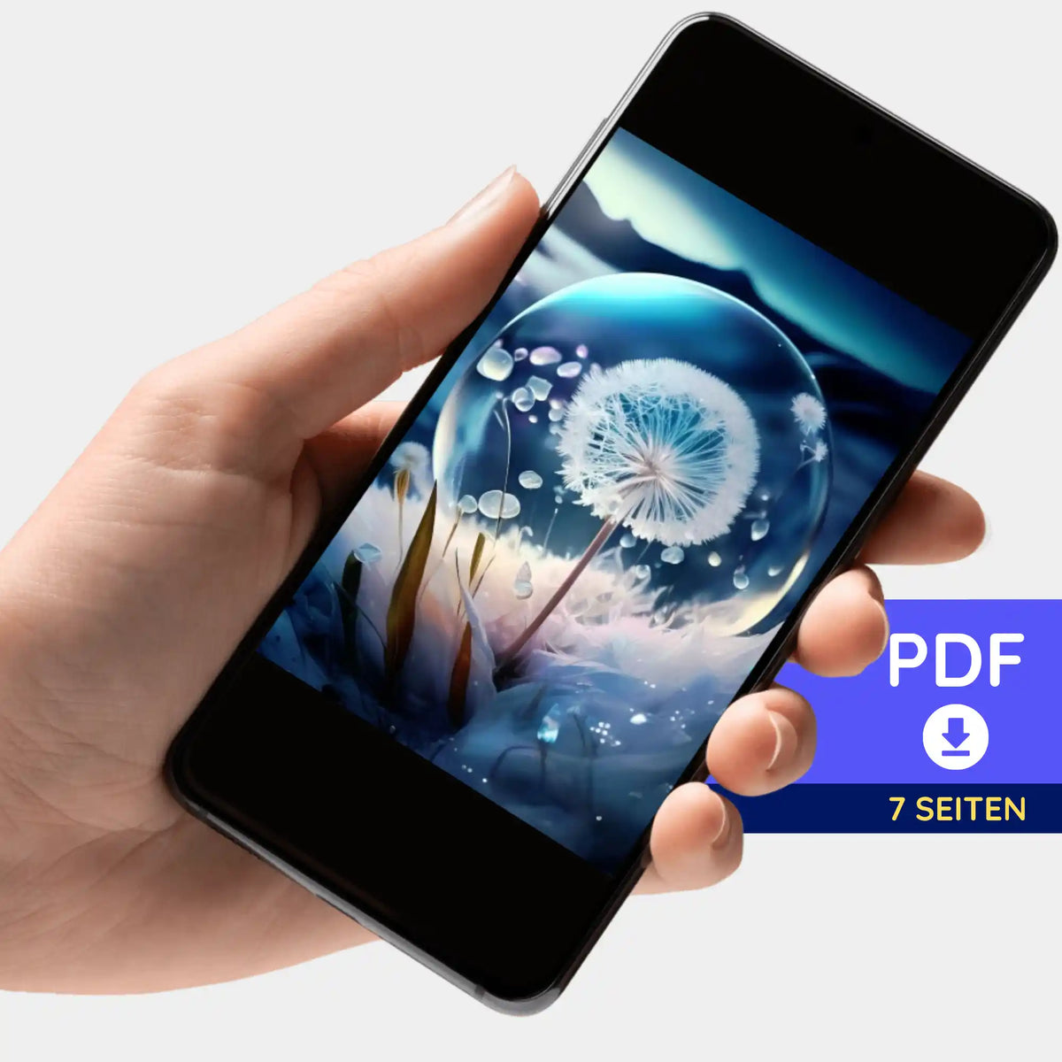 Digitale PDF-Bildmappe zum Diamond Painting Motiv Pusteblume Eiskristall auf einem Smartphone angezeigt