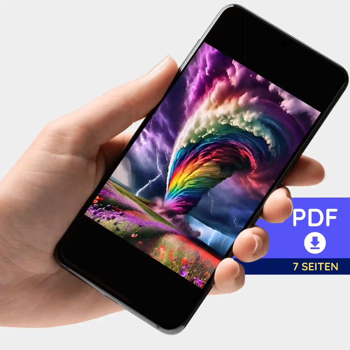 Digitale PDF Bildmappe für Diamond Painting als bunter Wirbelsturm auf einem Smartphone zur einfachen Vorlagen-Nutzung