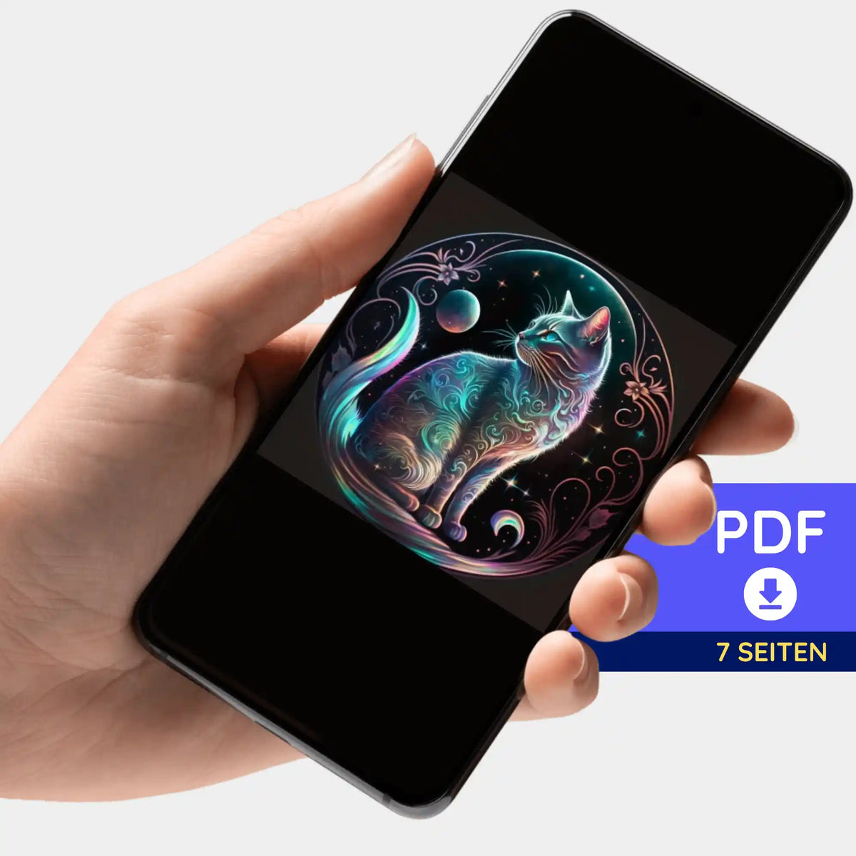 Digitale Picmondoo Bildmappe als PDF mit leuchtendem Katze auf dem Mond Motiv für Diamond Painting und DIY-Sets