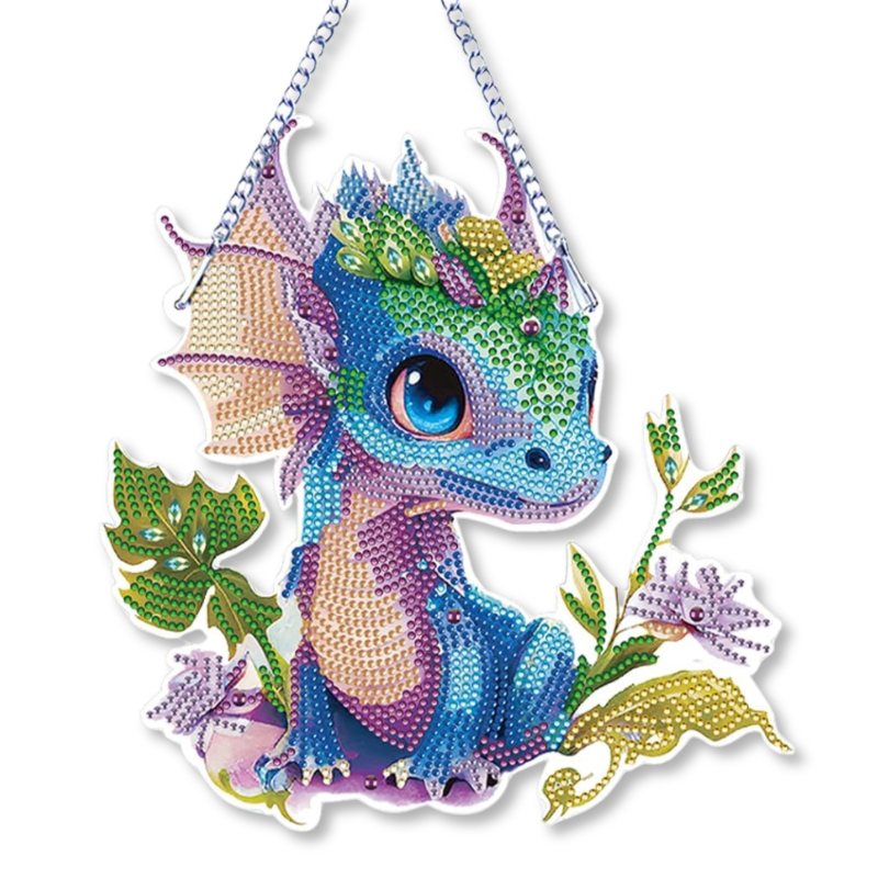 Bunter Diamond Painting Aufhänger als süßer Baby-Drache mit Glitzersteinen als Wanddekoration