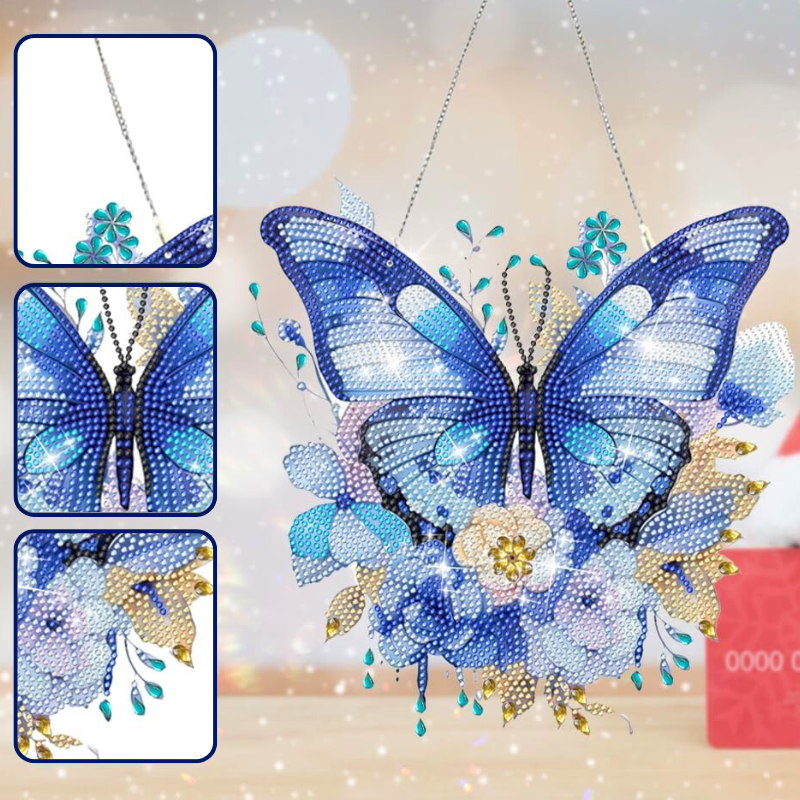 Diamond Painting Aufhänger als blauer Schmetterling mit Glitzersteinen zur Wand- und Fensterdekoration