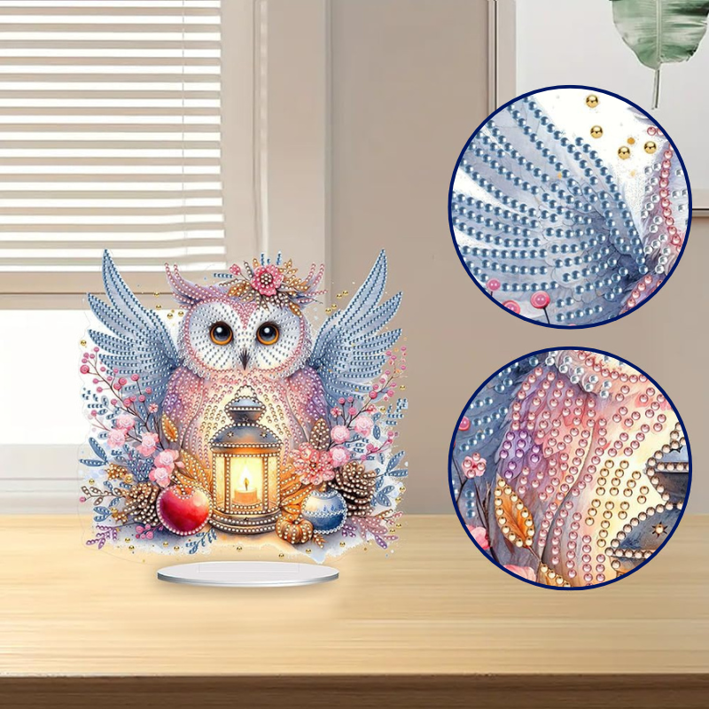 Diamond Painting Aufsteller Wintereule mit leuchtender Laterne und glitzernden Steinen als kreatives Deko-Accessoire