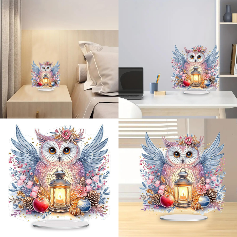 Diamond Painting Aufsteller Wintereule mit leuchtender Laterne, bunten Blumen und funkelnden Steinen als Deko-Highlight.