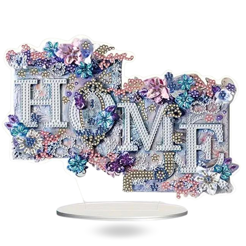 Diamond Painting Aufsteller Home mit bunten Blumen und Glitzersteinen als stilvolle Deko für dein Zuhause