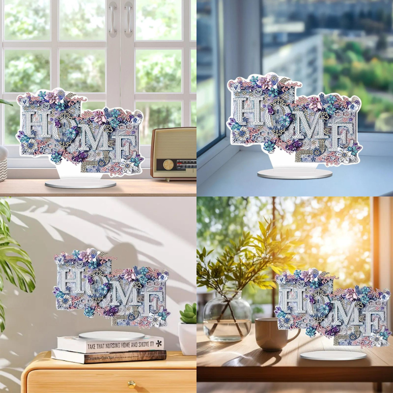 Diamond Painting Aufsteller Home mit bunten Blumen und Glitzersteinen als stilvolle Wohndekoration