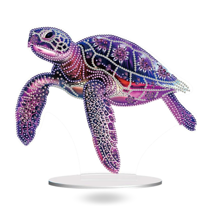 Dekorativer Diamond Painting Aufsteller als lila Schildkröte mit glitzernden Steinen zur stilvollen Präsentation