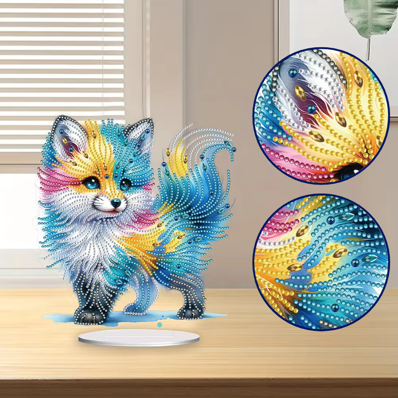 Bunter Diamond Painting Aufsteller Colorful Foxy mit glitzernden Steinen als dekorative Tierfigur für dein Zuhause