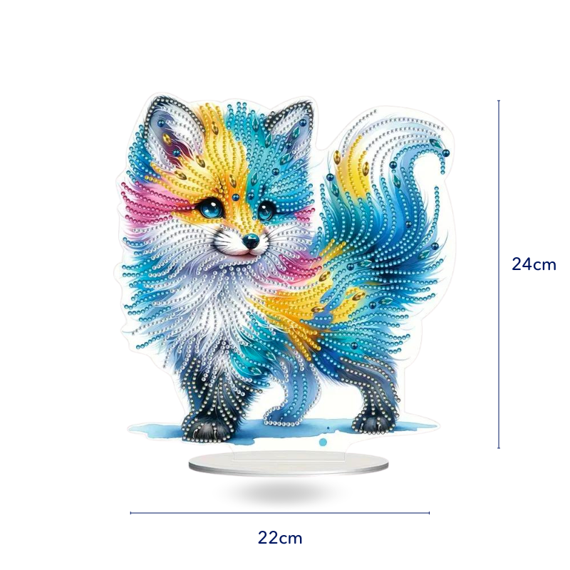 Bunter Diamond Painting Aufsteller Colorful Foxy als dekoratives Fuchs-Motiv mit glitzernden Steinen auf weißem Sockel.