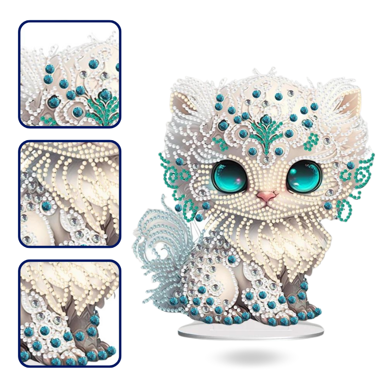 Diamond Painting Aufsteller White Cat in Katzenform mit türkisen und weißen Glitzersteinen als Deko-Zubehör