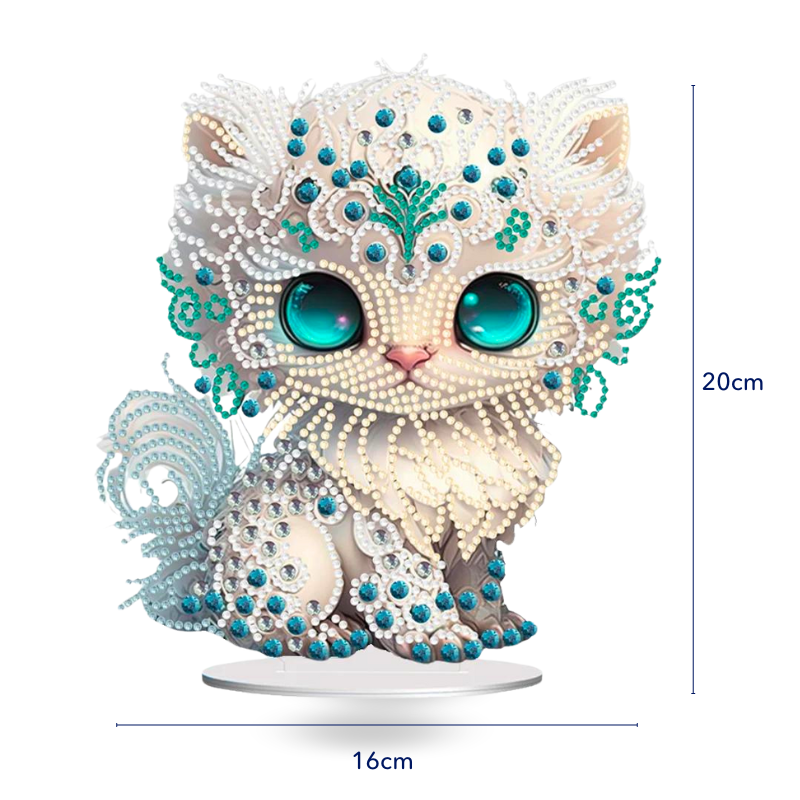 Diamond Painting Aufsteller White Cat mit glitzernden Steinen als dekorative Katzenfigur für DIY-Fans